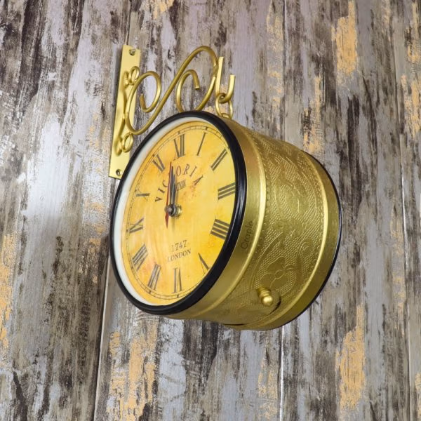 Golden Brass Coated Double-Sided Steel Station Clock | Ornate Wall Bracket, Victoria London Style | Vintage Home Decor Gift - Image 2