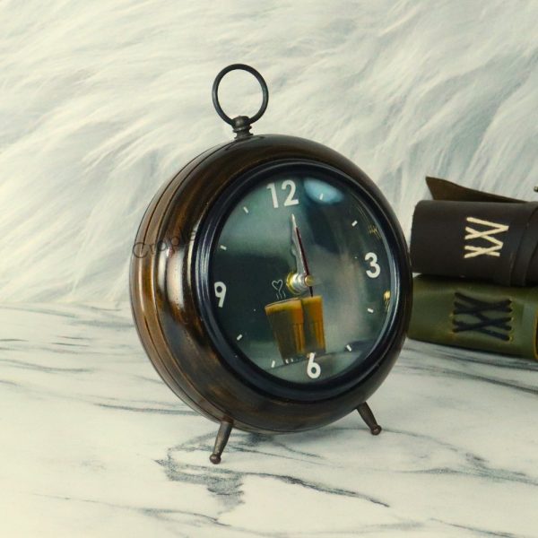 Tea Cup Dial Antique Wooden Desk Clock | Handcrafted, Vintage Style | Unique Tabletop Decor & Gift - Image 3