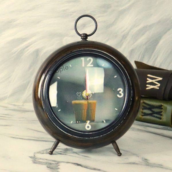 Tea Cup Dial Antique Wooden Desk Clock | Handcrafted, Vintage Style | Unique Tabletop Decor & Gift - Image 1