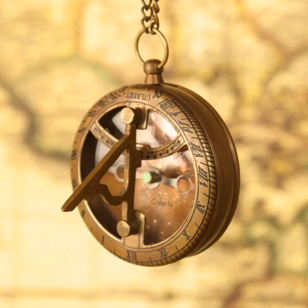 Gilbert & Sons Pocket Sundial Compass | Antique Brass, Foldable Gnomon & Chain | Vintage Navigational Keepsake - Image 3