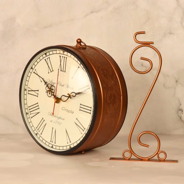 Embossed Double-Sided Steel Station Clock | Brass-Look, Ornate Scroll Bracket | Vintage Inspired Home Decor - Image 4