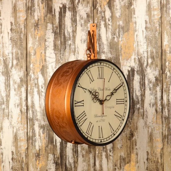 Embossed Double-Sided Steel Station Clock | Brass-Look, Ornate Scroll Bracket | Vintage Inspired Home Decor - Image 3