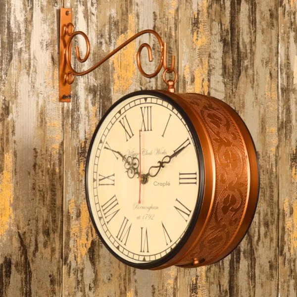 Embossed Double-Sided Steel Station Clock | Brass-Look, Ornate Scroll Bracket | Vintage Inspired Home Decor - Image 1