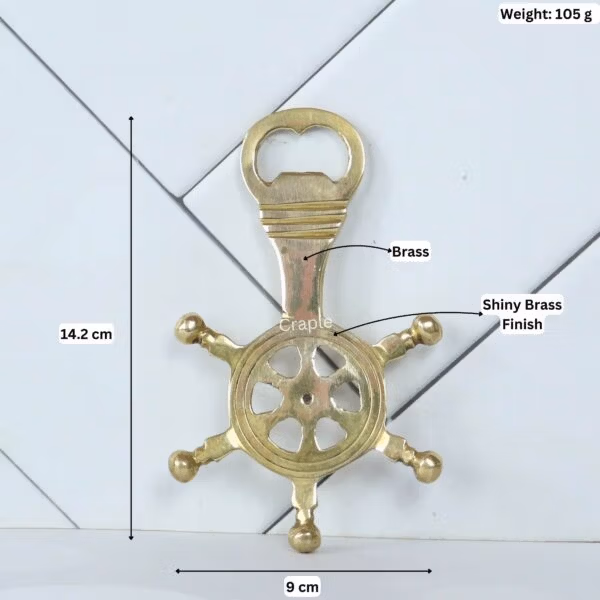 Image of the brass bottle opener with dimensions showing a 14.2 cm length, 9 cm width, and 105g weight.