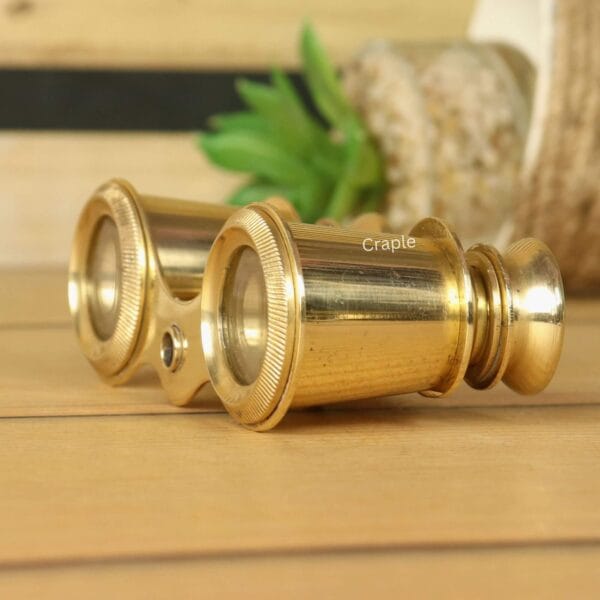 Detailed close-up side view of antique-style brass binoculars, highlighting the shiny finish on the eyepieces and barrels.