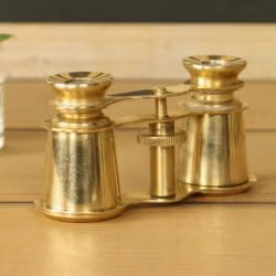 Angled front view of vintage solid brass opera glasses with a central focus wheel, sitting on a wooden surface.
