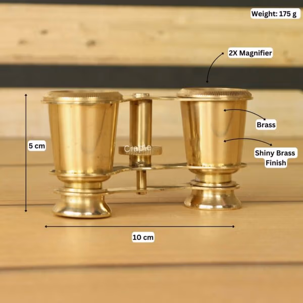 Product image of brass binoculars with labeled dimensions showing 10 cm width, 8 cm height, 175g weight, and 2X magnifier.