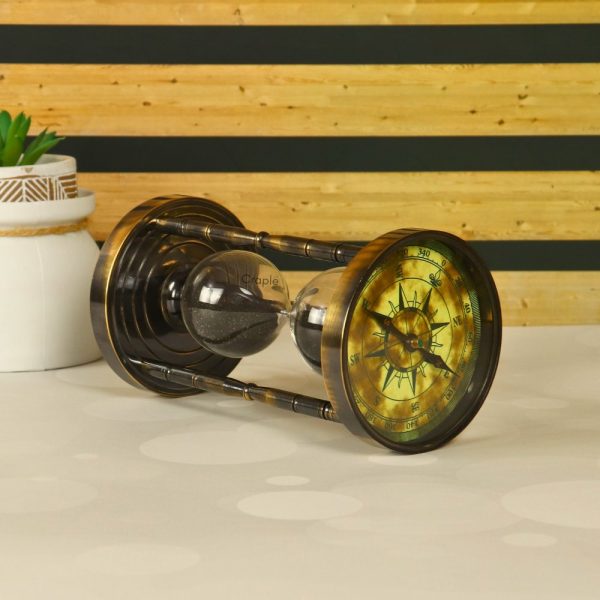 Dual Compass Attached Top & Bottom Brass Made Premium Antique Finish 6 Min Sand Timer, Premium Gift Item - Image 3