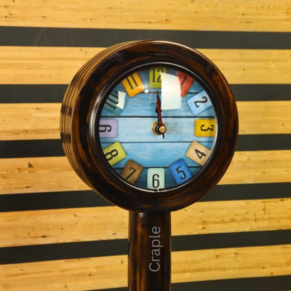 Colorful Number Tiles Pedestal Clock | Antique Wooden, Tall Design, Rustic Finish | Unique Desk & Shelf Decor Gift - Image 4
