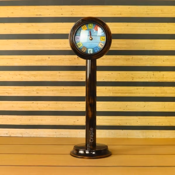 Colorful Number Tiles Pedestal Clock | Antique Wooden, Tall Design, Rustic Finish | Unique Desk & Shelf Decor Gift - Image 1