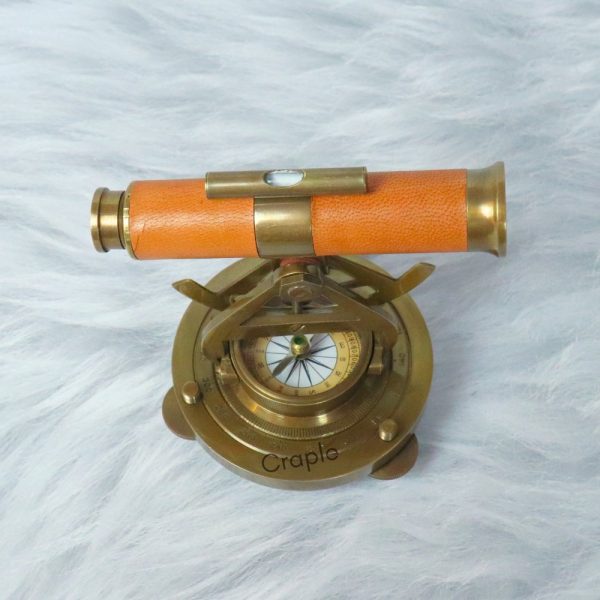 Handmade Antique Brass Alidade Telescope | Brown Leather Wrap, Compass | Surveying Decor Gift - Image 2