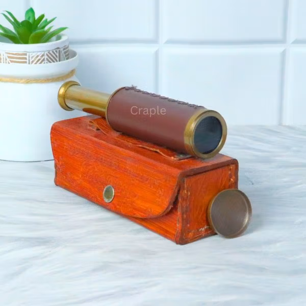 9" Leather-Wrapped Pocket Telescope | 3-Pipe Extendable, Achromatic Lens | Nautical Decor & Gift with Case - Image 4