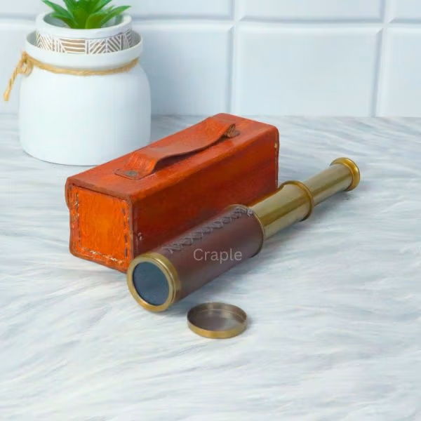 9" Leather-Wrapped Pocket Telescope | 3-Pipe Extendable, Achromatic Lens | Nautical Decor & Gift with Case - Image 2