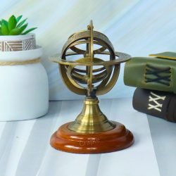 Small Brass Armillary Sphere | Zodiac Markings, Wood Base | Compact Desk Decor & Nautical Gift