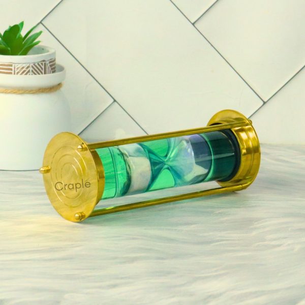 Floating 1-Min White Sand Timer | Shiny Brass, Green Liquid Hourglass | Mesmerizing Desk Decor & Unique Gift - Image 3
