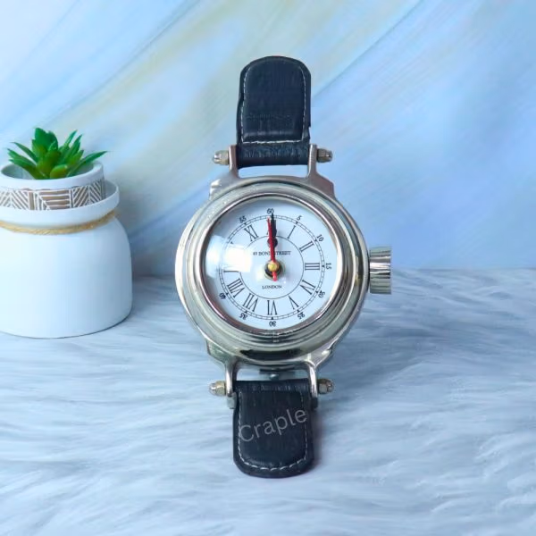 Wristwatch Style Nickel Brass Desk Clock | 49 Bond Street London, Roman Numerals | Novelty Tabletop Decor & Gift - Image 2