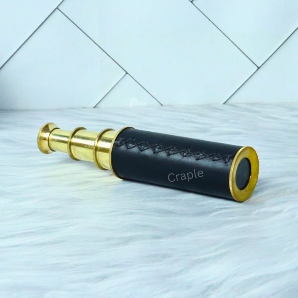 Handcrafted Black Leather Wrapped Gold Finish Telescope