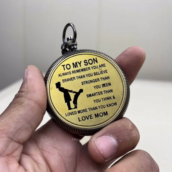 Engraved "Braver Than You Believe" Black Antique Brass Pocket Compass | "Love Mom To Son" Keepsake | Ornate Dial & Chain - Image 4
