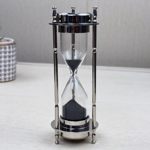 3-in-1 Nickel Finish Brass Hourglass Timer Clock Compass Desk Decor Gift - Image 3