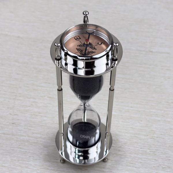 3-in-1 Nickel Finish Brass Hourglass Timer Clock Compass Desk Decor Gift - Image 1