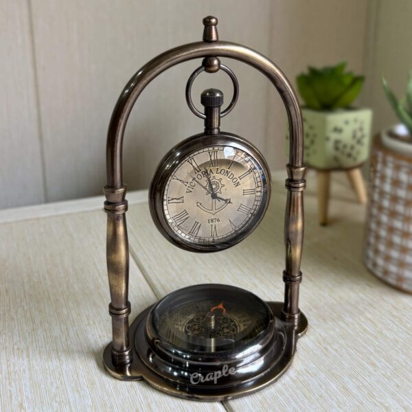 Antique Brass Handmade Nautical Desk Clock Built-in Compass Base - Victoria London 1876 Miyota Quartz Movement - Image 3