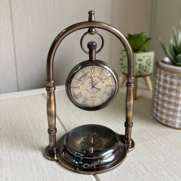 Antique Brass Handmade Nautical Desk Clock Built-in Compass Base - Victoria London 1876 Miyota Quartz Movement - Image 2