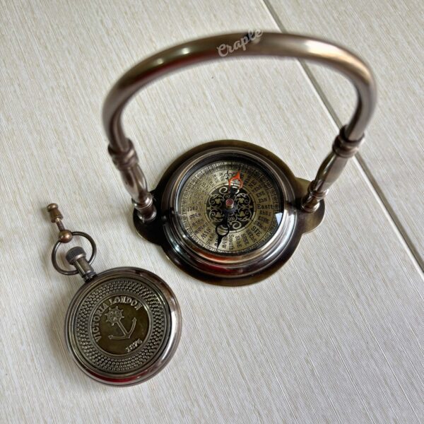 Antique Brass Handmade Nautical Desk Clock Built-in Compass Base - Victoria London 1876 Miyota Quartz Movement - Image 4