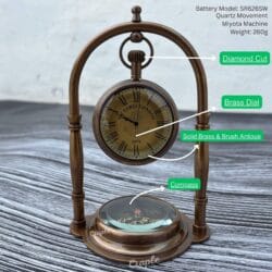 Engraved Desk Clock Built-In Base Compass, Victoria London Antique Brass Table Clock - Image 10