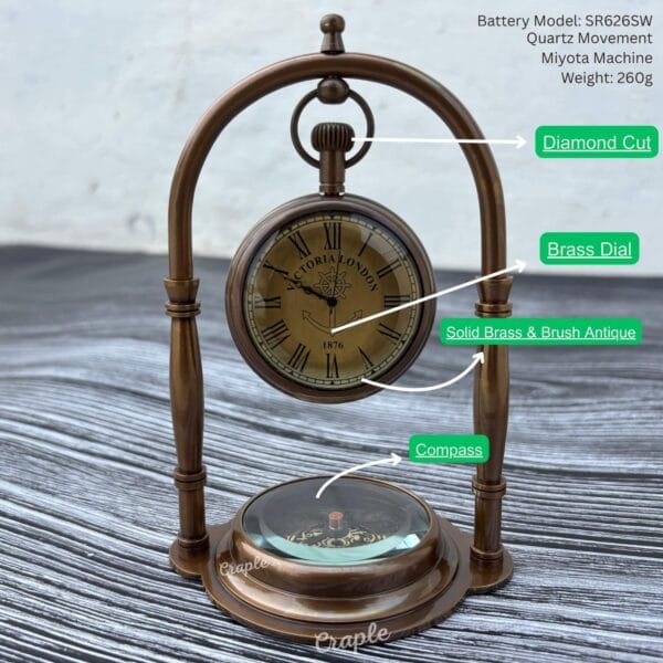 Engraved Desk Clock Built-In Base Compass, Victoria London Antique Brass Table Clock - Image 10