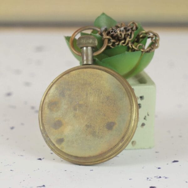 The reverse side of the pocket watch, showing the smooth antique brass finish of the back case.