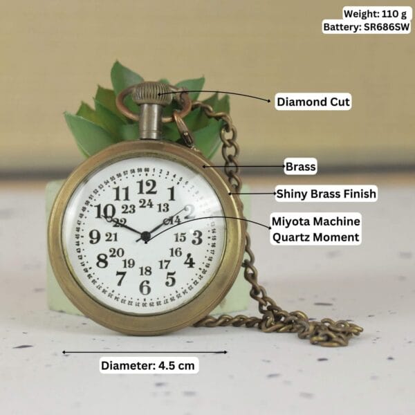 Informational graphic showing the pocket watch's features: brass case, Miyota quartz movement, 4.5 cm diameter, and 110g weight.