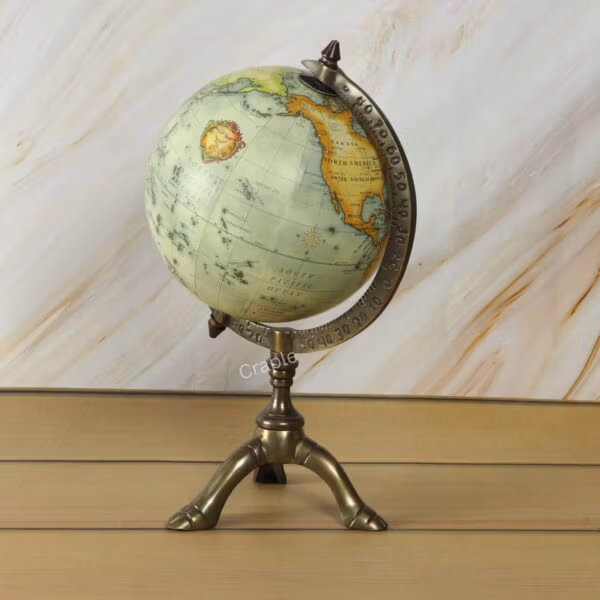 Antique Brass Tripod World Globe-2 Low-angle view of the vintage-style decorative desk globe on its elegant brass tripod base.