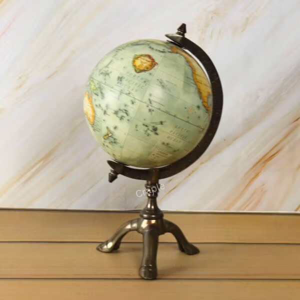 Antique Brass Tripod World Globe-5 The desktop world globe turned to feature the continents of Asia and Australia.