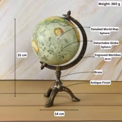 Image of the brass tripod globe with dimensions showing 31 cm height, 14 cm width, and 360g weight.