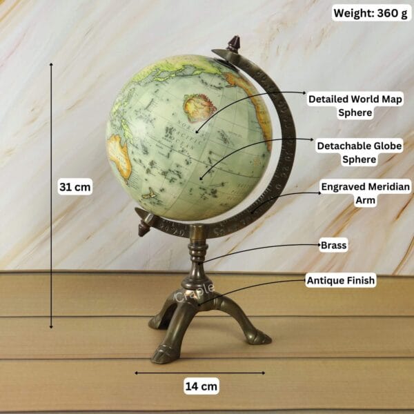 Image of the brass tripod globe with dimensions showing 31 cm height, 14 cm width, and 360g weight.