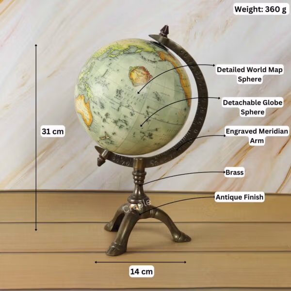Antique Brass Tripod World Globe-7 Image of the brass tripod globe with dimensions showing 31 cm height, 14 cm width, and 360g weight.