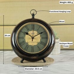 Product image of the antique clock with labeled dimensions: 24 cm height, 20.5 cm diameter, and 865g weight.