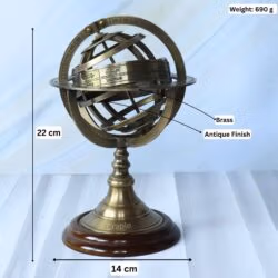 Image of the brass armillary sphere with dimensions showing 22 cm height, 14 cm width, and 690g weight.