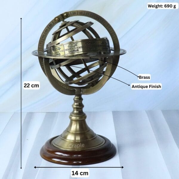 Image of the brass armillary sphere with dimensions showing 22 cm height, 14 cm width, and 690g weight.