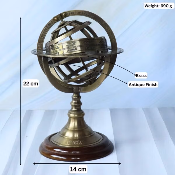 Image of the brass armillary sphere with dimensions showing 22 cm height, 14 cm width, and 690g weight.