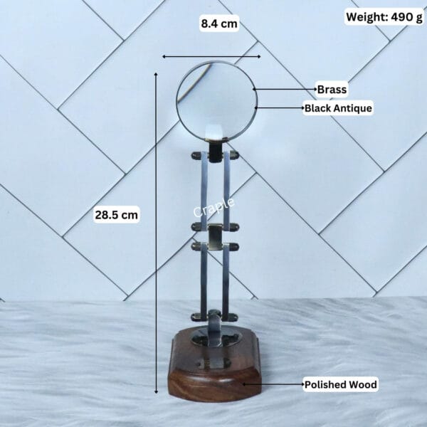 Black Folding Desk Magnifier-6 Black folding magnifier with labeled dimensions: 28.5 cm height, 8.4 cm lens diameter, and 490g weight.