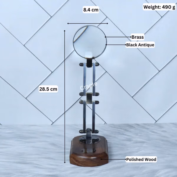 Black folding magnifier with labeled dimensions: 28.5 cm height, 8.4 cm lens diameter, and 490g weight.