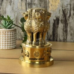 Rear view of the Ashoka Stambh statue's base, showing the detailed carvings of the elephant and the Dharma Chakra.