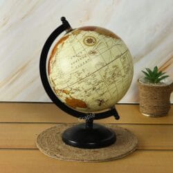Rear view of the antique-style rotating world globe, displaying the Pacific Ocean and parts of Asia.