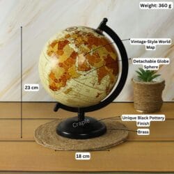 Image of the vintage globe with labeled dimensions: 23 cm height, 18 cm width, and 360g weight.