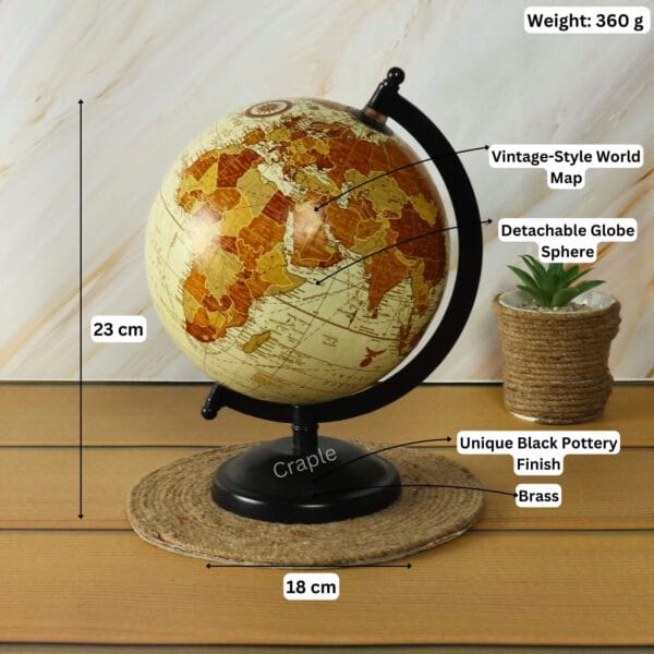 Brass Base Decorative World Globe-8 Image of the vintage globe with labeled dimensions: 23 cm height, 18 cm width, and 360g weight.