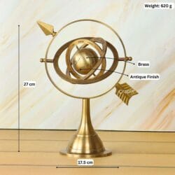 Image of the brass armillary sphere with dimensions showing 27 cm height, 17.5 cm width, and 620g weight.