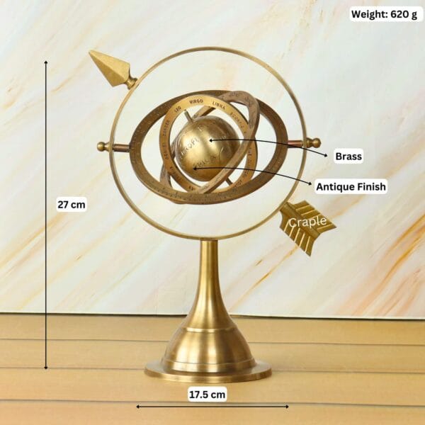 Image of the brass armillary sphere with dimensions showing 27 cm height, 17.5 cm width, and 620g weight.