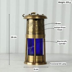 Product image showing the lantern's specifications: 16 cm height, 6 cm width, 325g weight, and material labels.