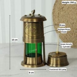 Product image of the brass oil lamp with labeled dimensions showing 15 cm height, 6 cm width, and 290g weight.